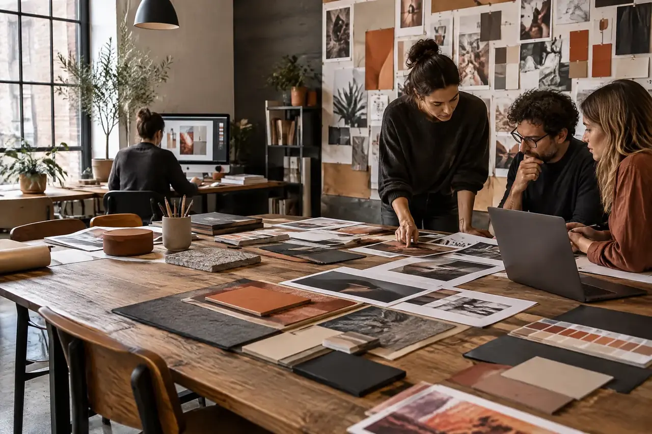 Estudio de agencia de publicidad con muestras gráficas y tableros de materiales