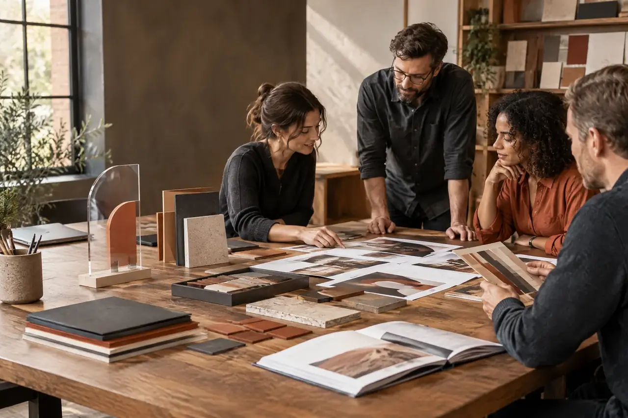 Mesa corporativa con muestras de producción gráfica y señalética