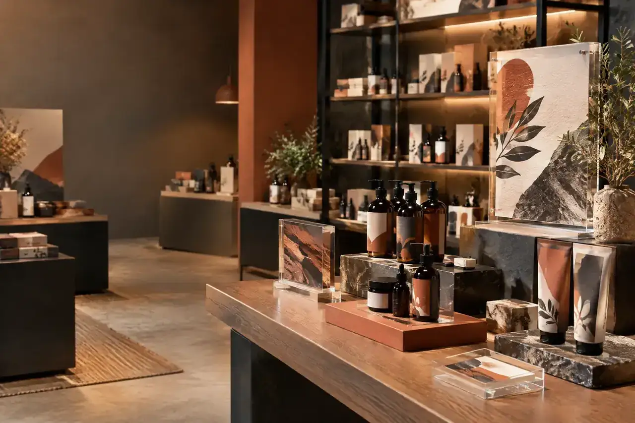 Espacio retail con exhibición y elementos gráficos de punto de venta