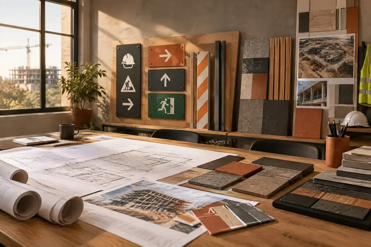 Mesa de proyecto de construcción con planos y muestras de señalética