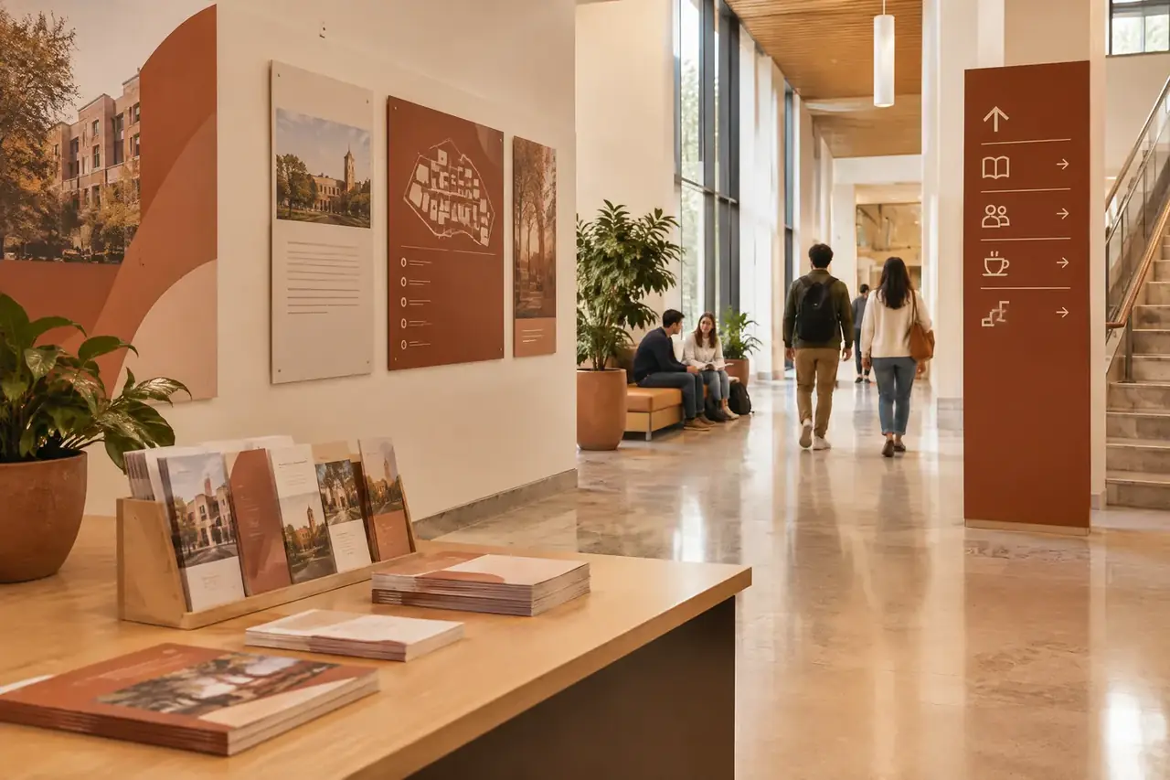 Espacio institucional con paneles informativos y señalética